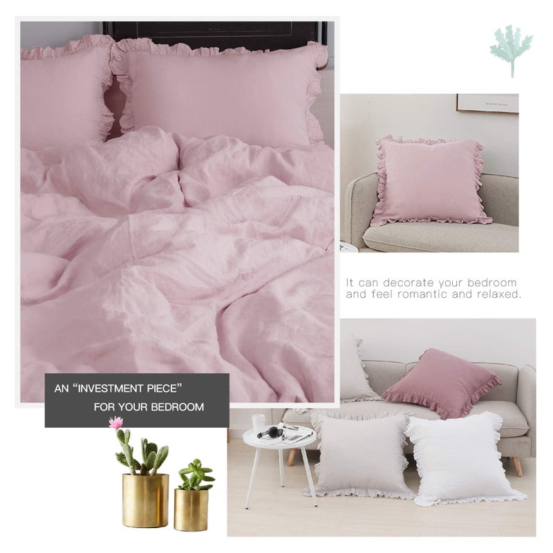Simple&Opulence أغطية وسائد يورو من الكتان 100% بسيطة وفاخرة مع كشكش، 26x26 بوصة، مجموعة من 2 غطاء وسادة يورو لتزيين السرير والأريكة، ديكور منزلي فرنسي فاخر وقابل للتنفس، لون وردي فاتح - Image 3
